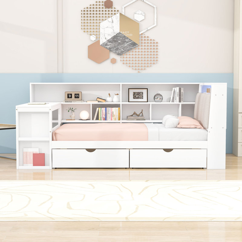 Lit de jour en bois à deux tiroirs avec lumière RVB, tablettes et bureau, Lit simple, Blanc
