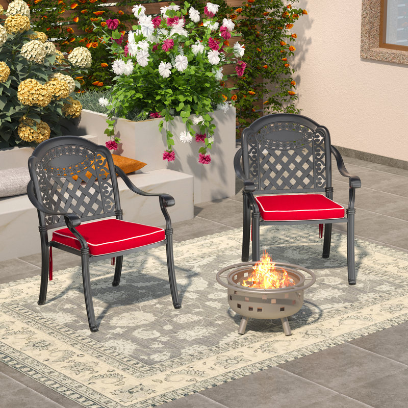 Chaise de salle à manger empilable en aluminium avec cadre noir et coussins rouges (ensemble de 2)