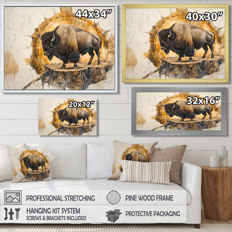 Portrait de bison américain Mareda sur glissade sur bois - décoration murale bison, H 12 po x l 20 po, Cadre flottant, Doré