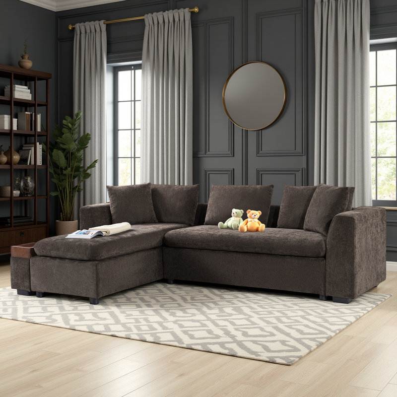 L-Shaped Sectional Sofa Chenille Upholstered Couch with Wooden Storage Compartment & Throw Pillows, Brown Chenille