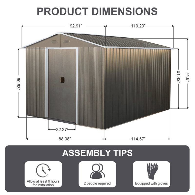 8X10ft Outdoor Metal Storage Shed Grey