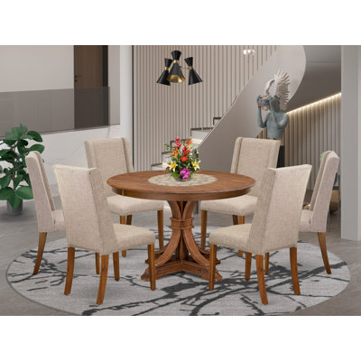 Dining Table Set consists of a dining table and Light Tan Linen Fabric dinning chair with Padded Back - Antique Walnut