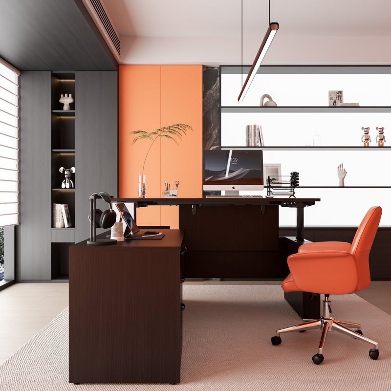 66.93" L Shaped Executive Standing Desk With File Cabinet, Brown
