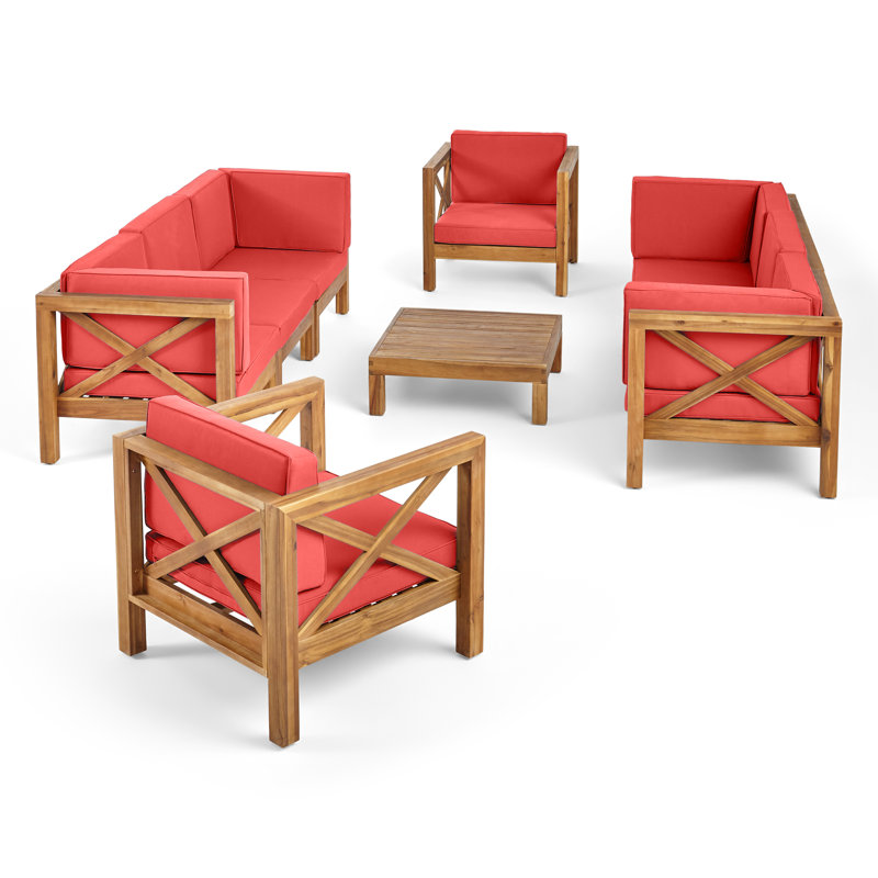 Sklar Acacia 8 - Person Patio Conversation Set with Cushions, Teak Frame / Red Cushion