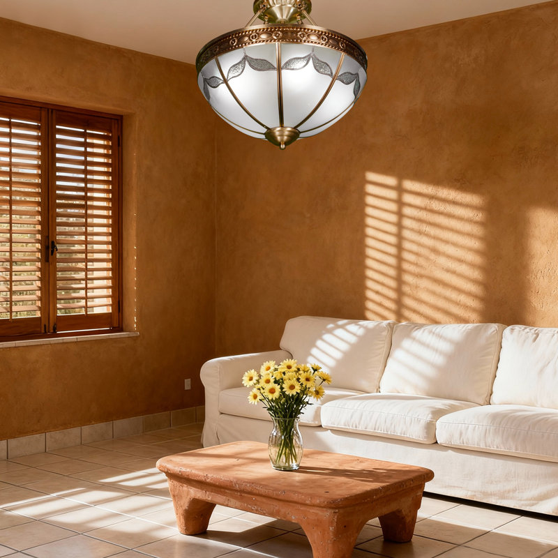Lustre rond en cuivre semi-encastré, 4 lumières