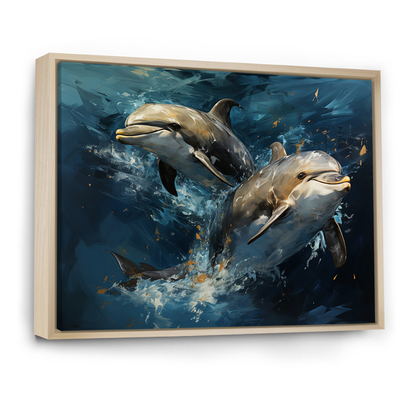 Dauphins dansants bleus III - animaux, art des dauphins, H 34 po x l 44 po x P 1,5 po, Cadre flottant brun