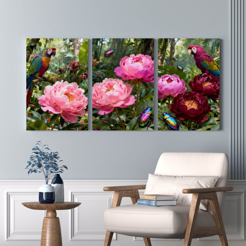 Ensemble de 3 tableaux sur toile représentant un perroquet tropical, des pivoines roses et des coléoptères colorés, idéal pour décorer un salon, une chambre ou toute autre pièce de la maison.