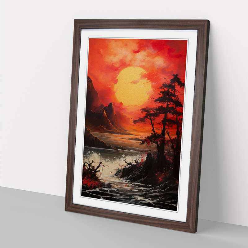 Japanese Sunset Gestural - Framed Print, 64cm H x 46cm W x 2cm D, Walnut 