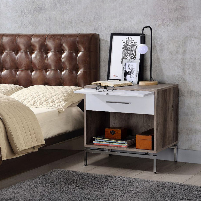 Contemporary Two-Tone Drawer Nightstand with Open Shelf and Pull Tray, Ideal for Bedroom Storage and Organization.