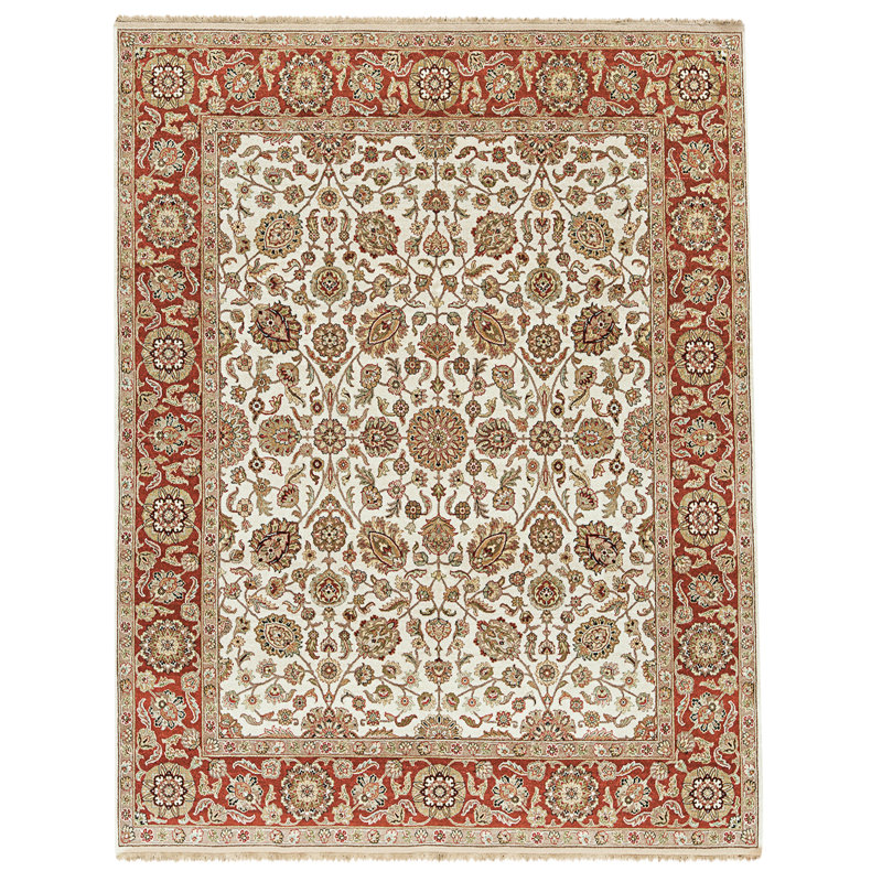 Tapis ivoire et rouge noué à la main de haute qualité