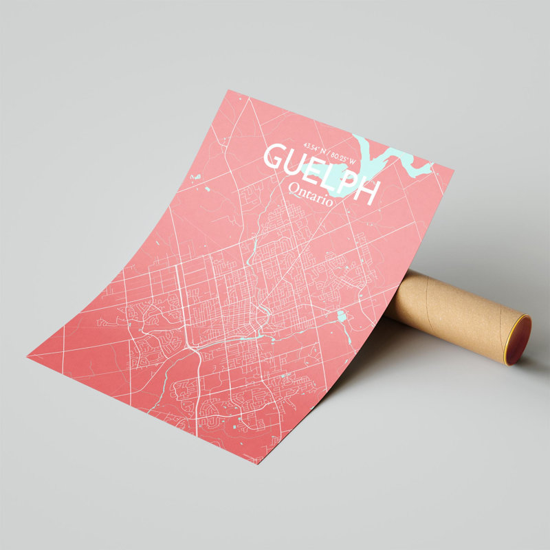 Guelph City Map, impression, H 20 po x l 16 po, Rose / bleu bébé