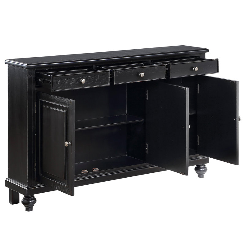 55.5 in. Black Solid Wood 3 Drawer 3 Door Sideboard_Buffet Table, Black