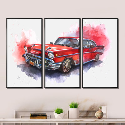 «Old-Fashioned Red Car - Industrial», ensemble d'art mural encadré sur toile