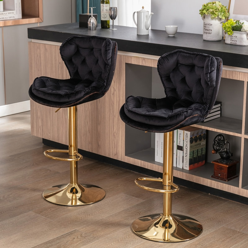 Ensemble de 2 tabourets de bar réglables avec repose-pieds chromé et base pivotante, Black