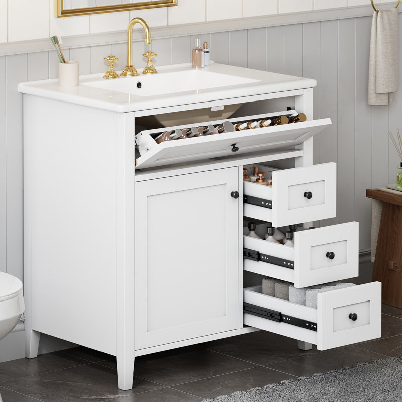 Meuble-lavabo moderne 30 po avec lavabo, tablette réglable et trois tiroirs de rangement Sail, White