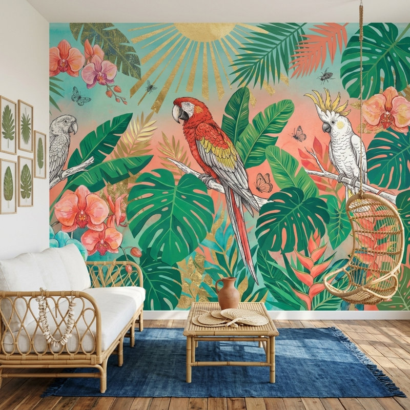 Papier peint tropical avec perroquets botaniques, Peler et coller, 200 po x 120 po