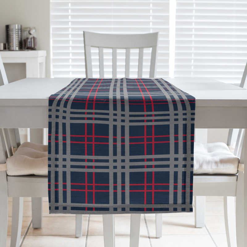 Paid Polyester Table Runner, 90" L x 16" W, Navy/Red/Silver