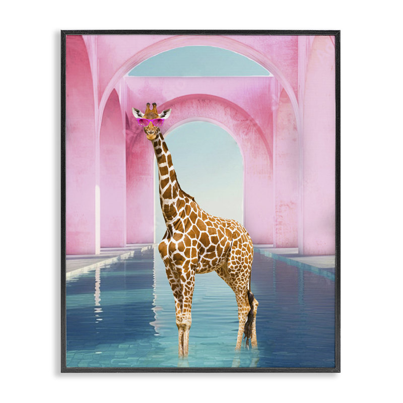 Girafe glam avec arches roses, estampe numérique, design par Ziwei Li, H 14 po x l 11 po, Giclée encadrée noir minuit