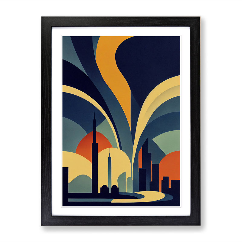 XV1022-707X Art Deco City Skyline No.4 - Single Picture Frame Print, Black, 64cm H x 46cm W