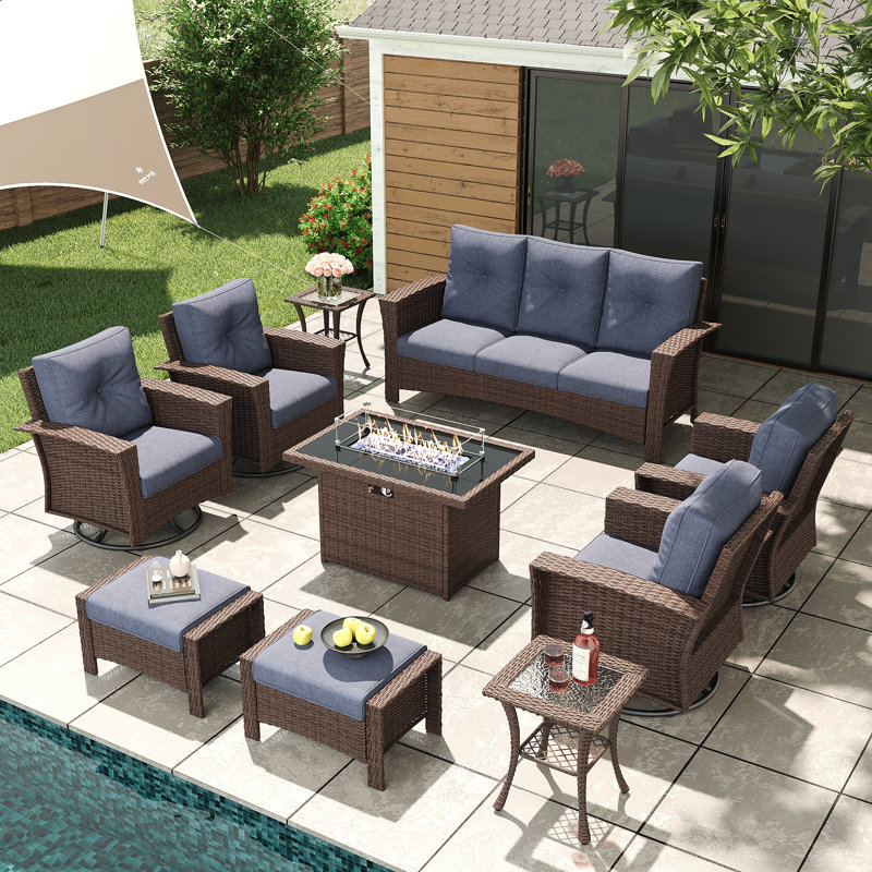 Lark Manor 10 Piece Wicker Patio Furniture Set with Fire Pit Table, Classis Outdoor Conversation 360 Degree Swivel Chairs Set with Coffee Table
