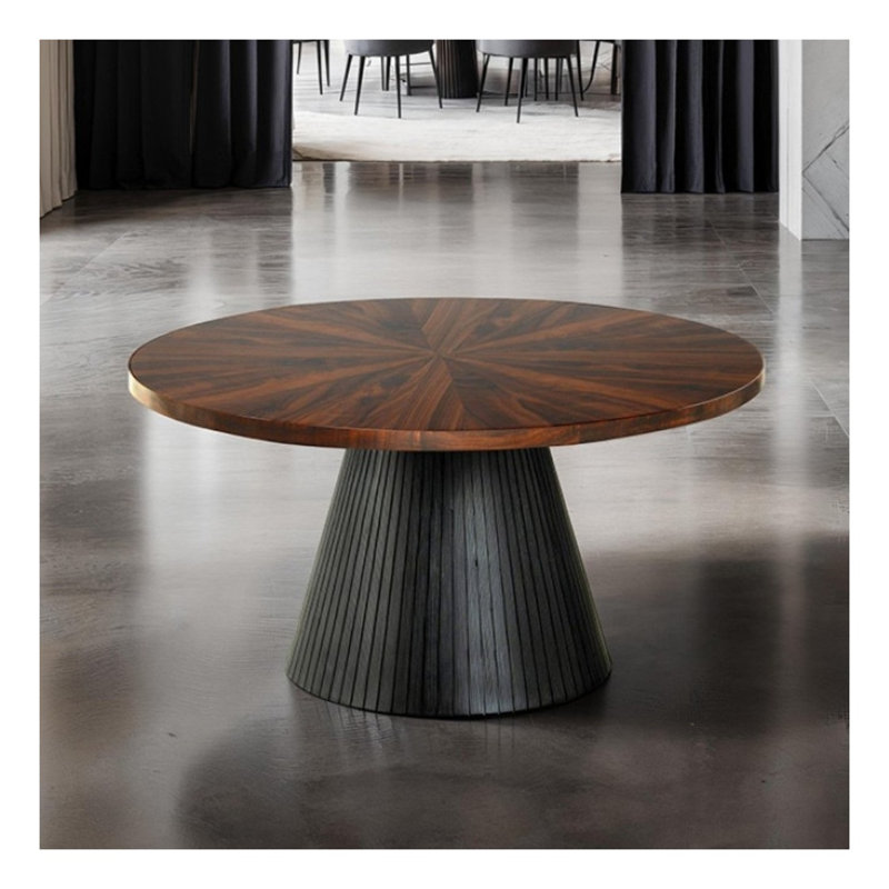 Table basse contemporaine noire ronde avec motif de parquet ultrabrillant et base cylindrique, Black, 18" H x 36" W x 36" D