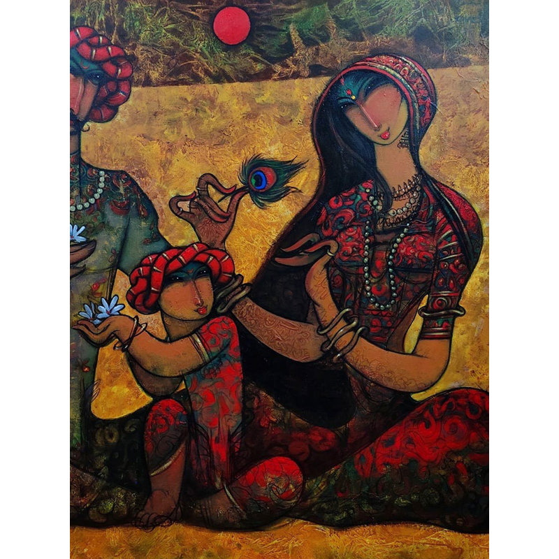 Petit Krishna avec Nanda et Yashoda | Acrylique sur toile | Par Ramesh Gujar