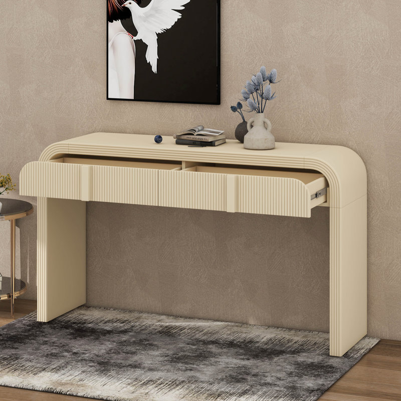 Console avec 2 tiroirs de rangement, table d'entrée moderne à silhouette arrondie, Crème abricot