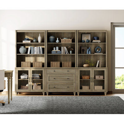 Scarlett Bookcase With Drawers And Glass Cabinets, Tall Book Case With Open Book Shelfs, Large Wood Bookcases Farmhouse Bookshelves For Living Room Be by Charlton Home