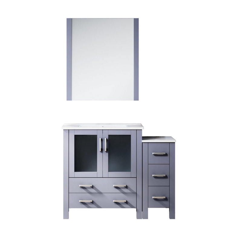 42 po Large meuble-lavabo gris foncé avec armoire latérale, comptoir en céramique blanche, 28 miroirs, tiroirs à fermeture en douceur, 1 espace de rangement intérieur, meuble-lavabo à comptoir en tache, 5 tiroirs et unité, Scratch