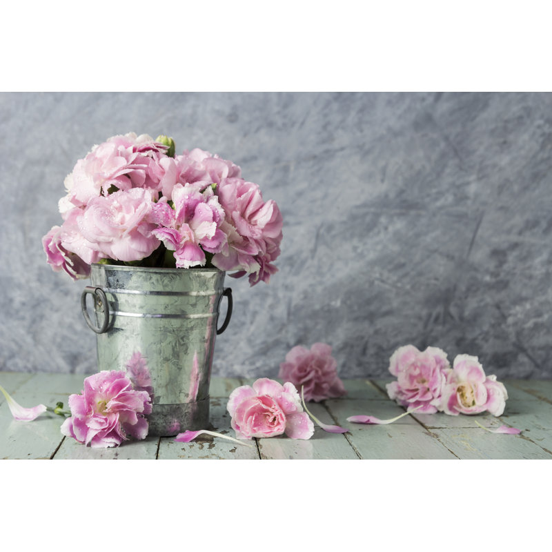 Carnation Flowers In Zinc Bucket On Old Wood - Wrapped Canvas Print, 30cm H x 46cm W x 3.8cm D