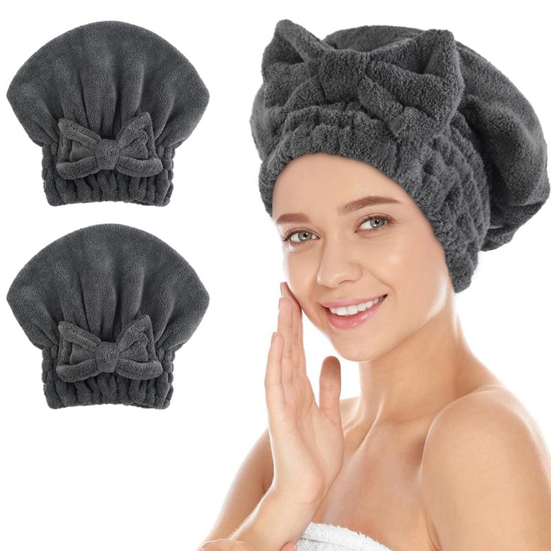 Large Microfiber Hair Drying Caps with Bow knot Fast Drying Shower Cap Soft and Absorbent hairWrap Hair Turban, Dark Gray