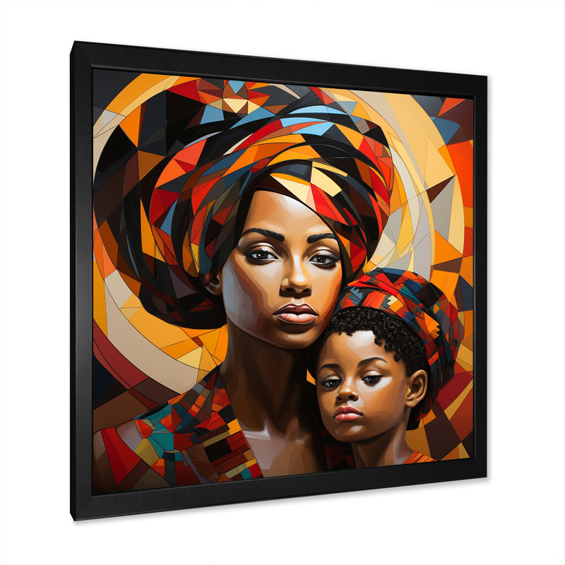 Orange orange, mère et enfant, lien II - art mural africain, Cadre simple noir, H 30 po x l 30 po x P 1,5 po