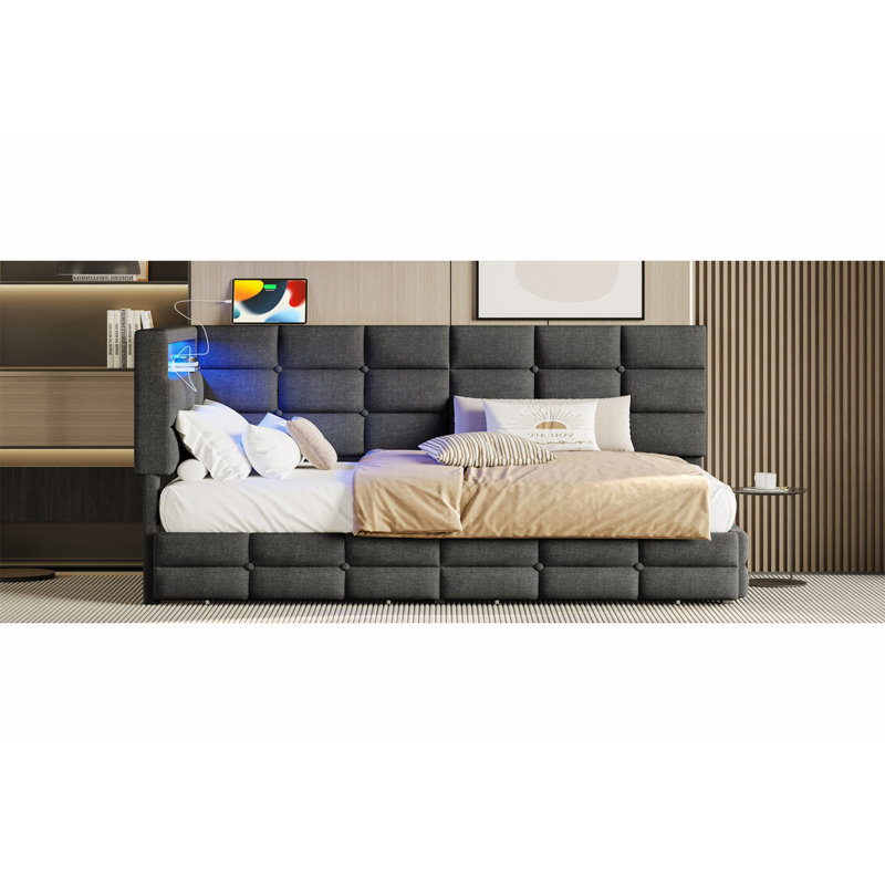 Daybed, Upholstered, With Storage 2 Drawers And Charging Station, Day Bed Frame With LED Lights And Storage Headboard, No Box-Spring Needed