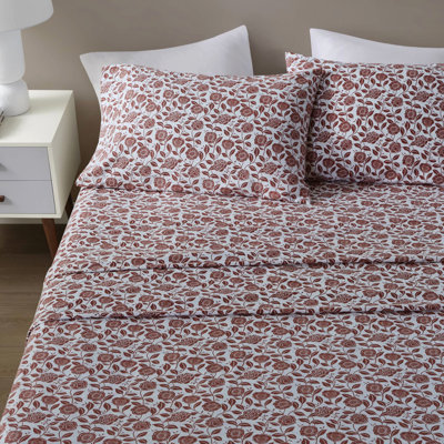 Ensemble de 4 draps 100% coton rouille surdimensionné floral surdimensionné pour matelas de 18 po de douceur avec brossage de qualité supérieure muni d'un élastique pré-rétréci livré à plat 2 taies d'oreiller lavables à la machine
