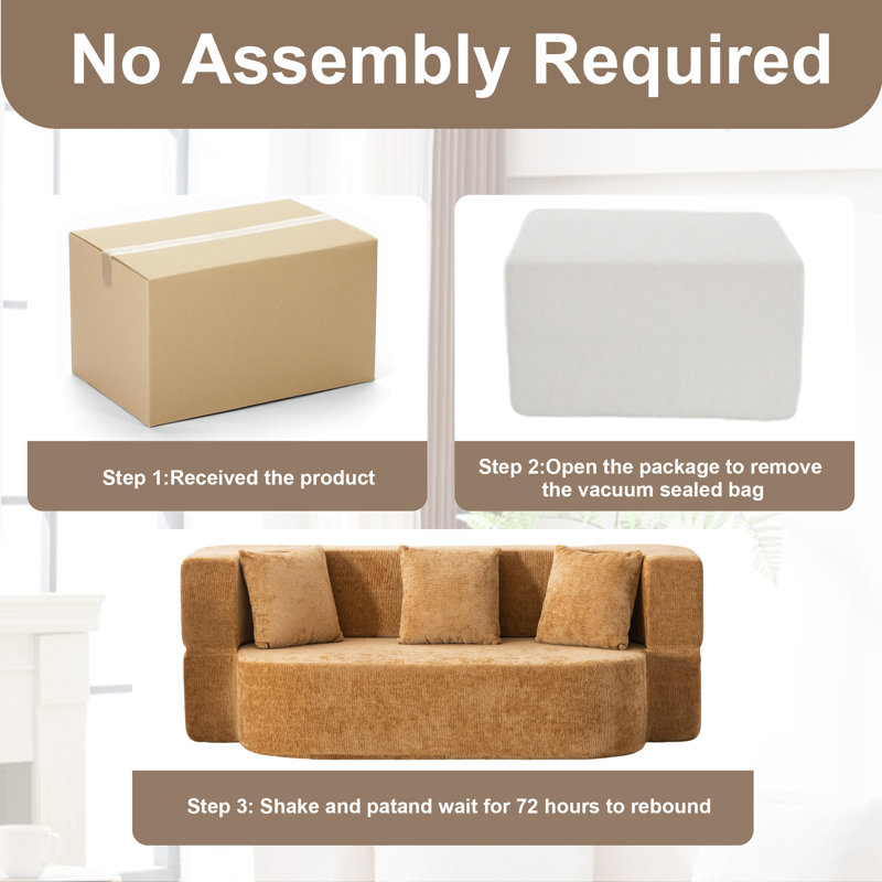 Azareu Upholstered Boneless Convertible Folding Sleeper Sofa Bed with 3 Pillows,No Assembly, Camel