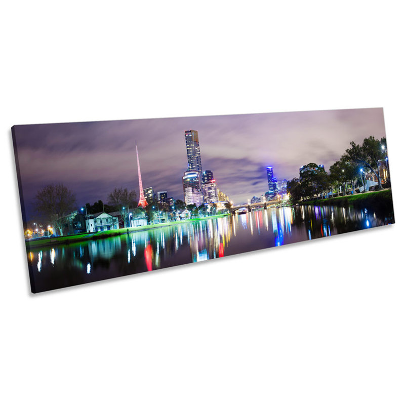 Melbourne City Australia Night - Wrapped Canvas Panoramic Print, 30.48cm H x 91.44cm W x 2cm D