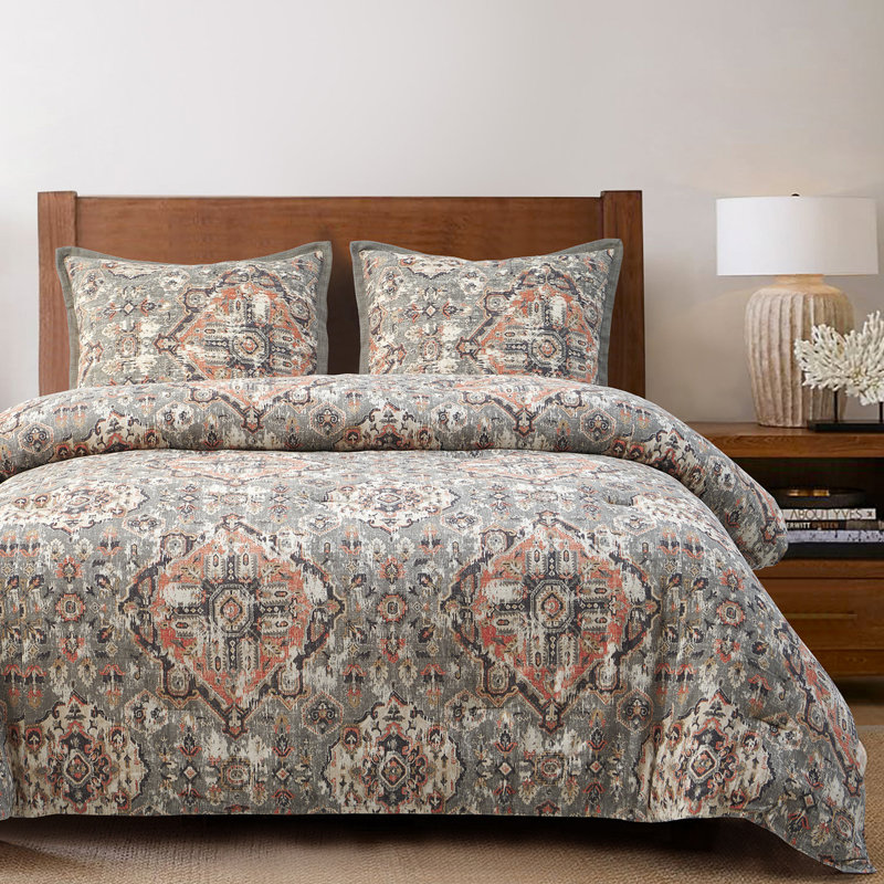 Ensemble d'édredon rustique moderne à motif médaillon en lin Carmen, Édredon pour lit simple + 1 taie décorative stan, Taupe