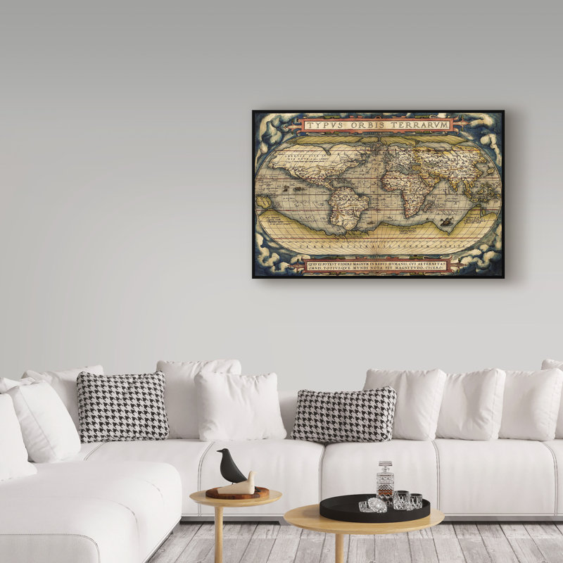 Vintage World Map 1570 Canvas Art in Dark Frame