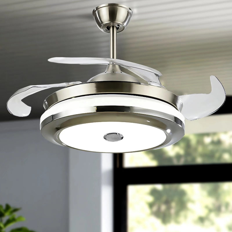 Ventilateur de plafond de 42 po à pales rétractables avec lumière DEL et haut-parleur Bluetooth, ventilateur de plafond moderne à 3 vitesses à intensité variable avec télécommande pour le salon, la chambre à coucher, la salle à manger
