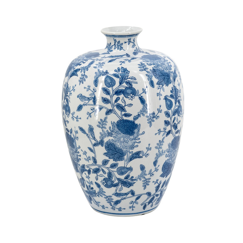 Vase décoratif en porcelaine D11.5X17.5 "avec motifs floraux bleus et blancs