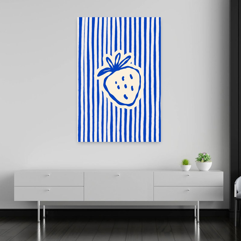 «Blue Striped Strawberry Minimalist Modern Rustic Fruit Summer», reproduction d'art murale, 60" H x 40" W