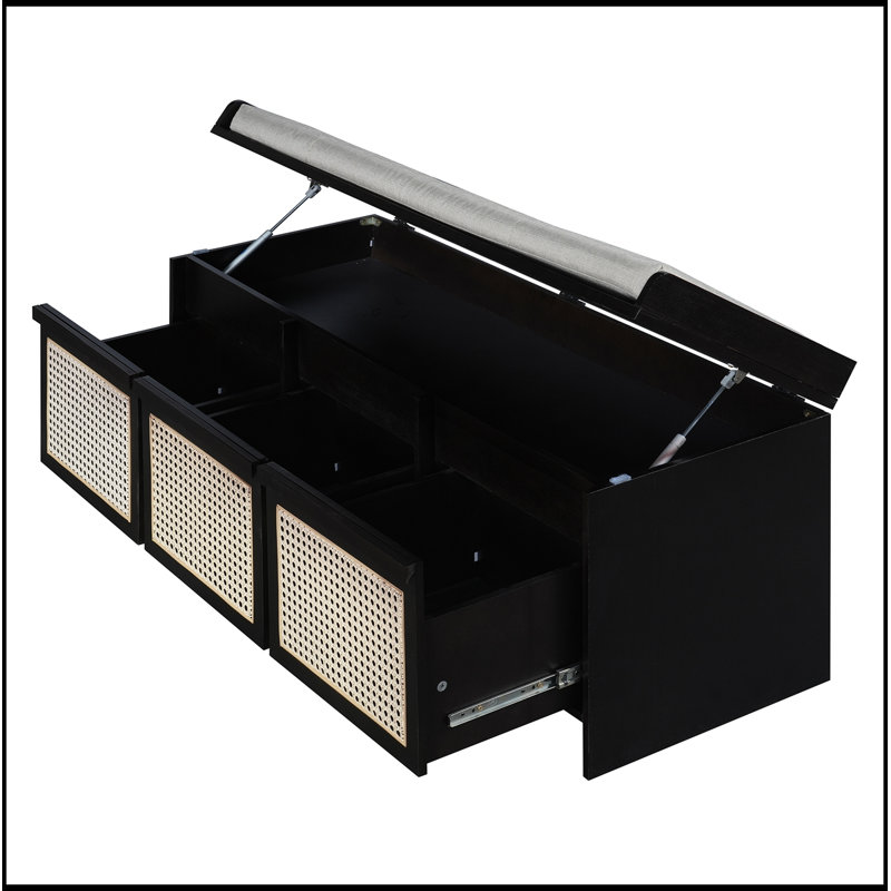 Banc de rangement avec tiroirs en rotin et bouton amovible, Noir