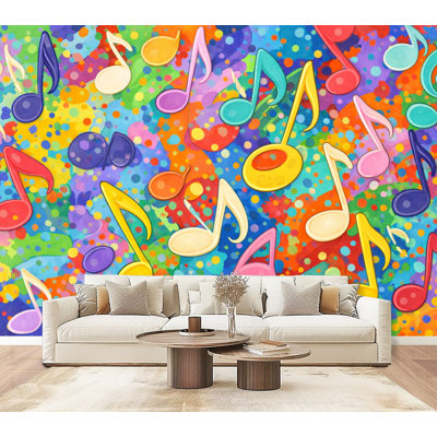 Papier peint pelez et collez, abstrait, note de musique colorée, art mural sur toile, H 69 po x l 96 po, amovible, papier mural en PVC, décoration murale auto-adhésive pour chambre à coucher, bureau à domicile