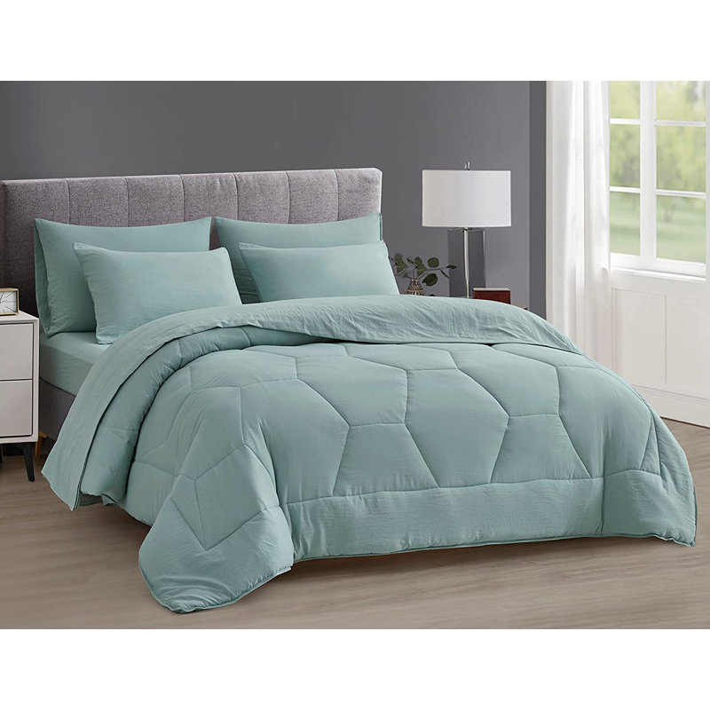 Washed Microfiber 7-Pieces Honeycomb Comforter Set with Sheets, Aqua, King Comforter + 6 Additional Pieces