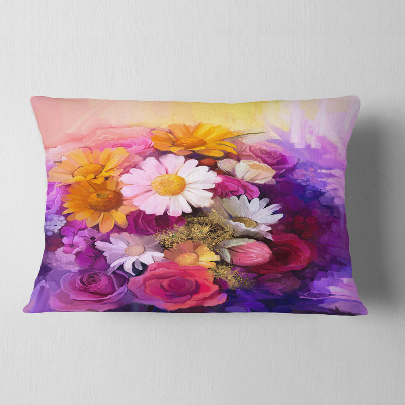 Coussin floral avec bouquet de fleurs différentes, 12 po x 20 po, Rectangle