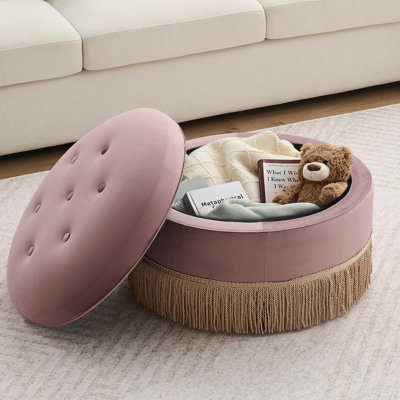 Pouf de rangement rond moderne en velours de 61 cm de large avec dessus en velours capitonné et franges décoratives
