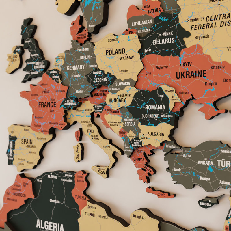 3D Wooden World Map Wall Art – Large Wood Map Decor for Living Room, Office & Study, Grey/Beige/Black/Red