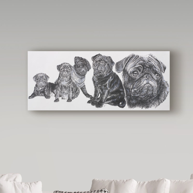 «Growing Up Pug» par Adelphi, reproduction de peinture à l'huile sur toile tendue, H 20 po x l 47 po