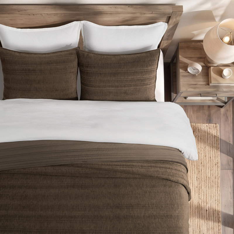 EverGrace Modern Ruched Velvet Quilt Set, Walnut Brown, Full/Queen (92" X 96")