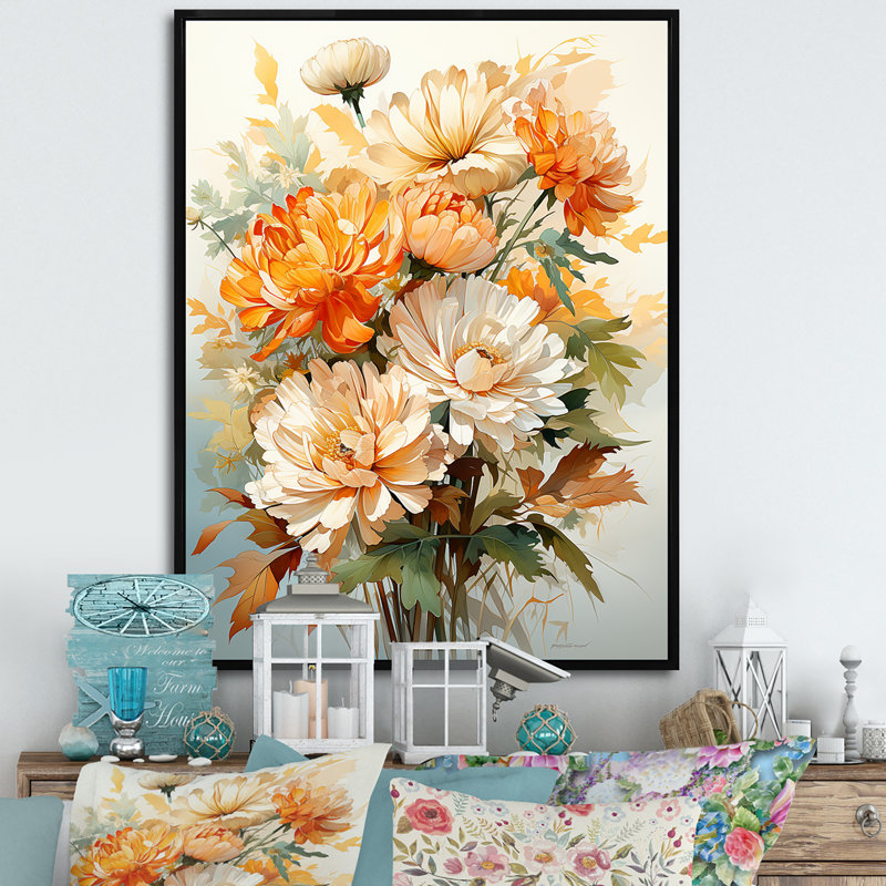 «Marigold Elegance Bouquet Still Life» sur toile, H 44 po x l 34 po x P 1,5 po, Cadre flottant noir